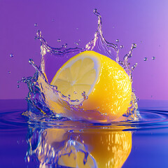 Fresh yellow lemon slice drops with a splash into clear water, creating bubbles