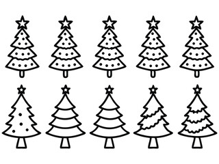 Obraz premium Christmas tree outline icon collection. Includes ten different decorated fir tree symbols with stars and ornaments. Created in black and white line art style.