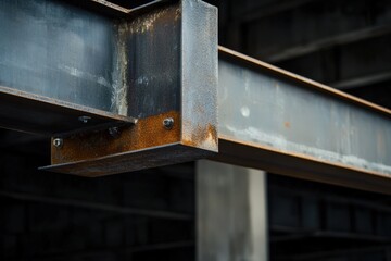 Industrial metal beams in a dark interior space.