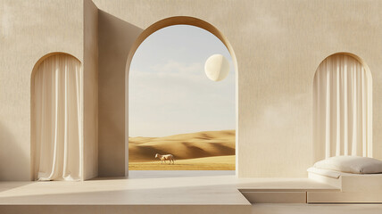 Minimalist Eid terrace with abstract arch windows, golden moon motif, and grazing lamb in distance