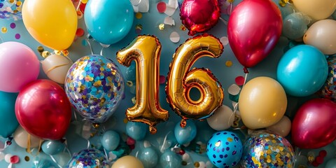 Golden Number 16 Balloon With Fun And Festive Balloons And Confetti For 16th Birthday