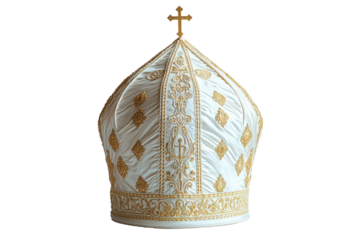  Ornate bishop's mitre with gold embroidery, white fabric, tall ceremonial headdress, Christian religious attire, isolated on white.