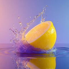 A juicy yellow lemon slice creates a fresh splash in the blue water