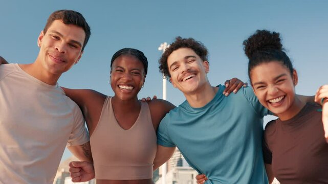 Happy people, fitness and hug with team in city for community, health or wellness together. Portrait, active group or huddle with smile in unity or embrace for trust or support in an urban town
