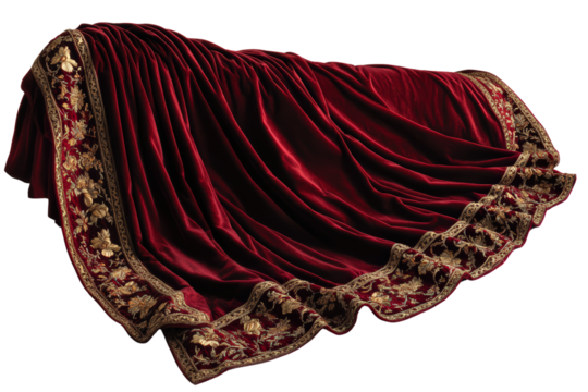  Luxurious red velvet curtain with gold embroidery, heavy draping fabric, elegant rich texture, classic interior decor, dramatic styling.
