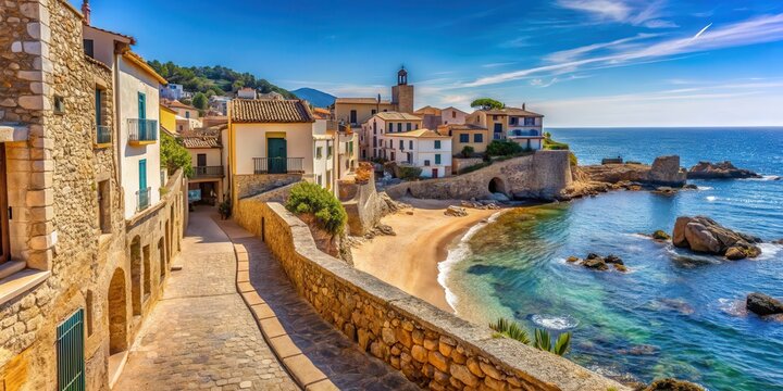 Medieval stone walls and narrow streets of Calella de Palafrugell old town with blue sky and sea horizon , beach town, calella de palafrugell