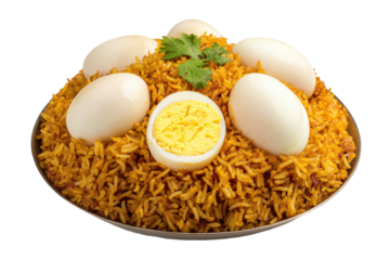 Egg biryani platter savory rice halved egg coriander garnish isolated white background