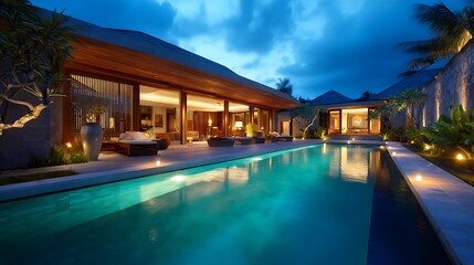 Fototapeta premium Minimalist tropical villa with pool and garden, embodying serene simplicity and harmony.