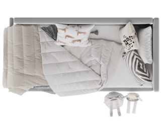 Children's Bed with Plush Toys and Patterned Bedding Top View