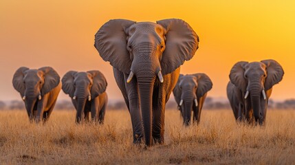 Fototapeta premium Majestic herd of elephants traversing the savanna at sunset