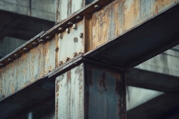 Rusted metal beams intersecting in a concrete structure.