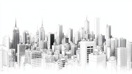 Detailed black and white illustration of modern city skyline featuring various skyscrapers and buildings, showcasing urban architecture and design