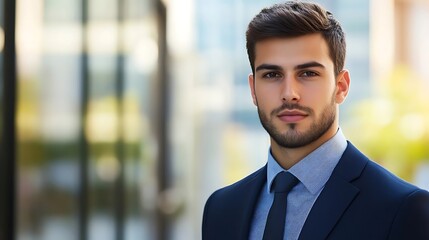 A focused businessman in a navy blazer exudes professionalism and determination.