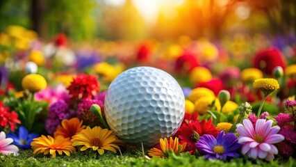 Naklejka premium Golf ball nestled among vibrant flowers in a lush garden, ball, golf, ball,golf,landscape