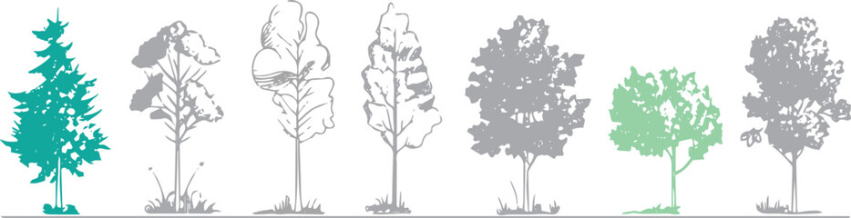 silhouette tree set, Side view, set of graphics trees elements outline symbol for architecture and landscape design. Vector illustration