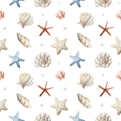 Sea Shells Starfish Pearls. Watercolor hand painted summer seamless pattern on white background kids baby textile fabric