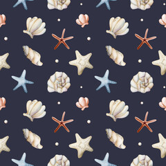 Sea Shell Starfish Pearl. Watercolor hand painted summer seamless pattern on dark blue background kids baby cute textile