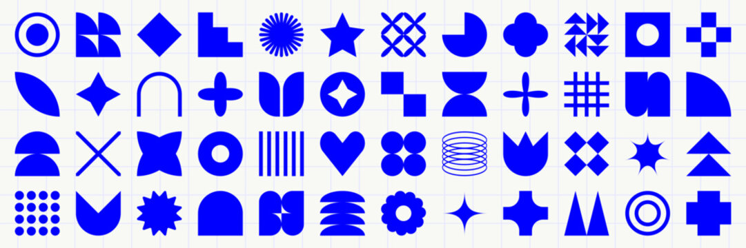 Set of graphic geometric assets with grid, pattern and elements. Vector modern shapes in retro aesthetic. Isolated illustration for stickers, poster, collage, design template.