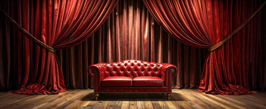 Un elegante sof&aacute; antiguo de lujo de cuero viejo y color rojo en un escenario de ambiente oscuro con cortinas y tel&oacute;n abierto