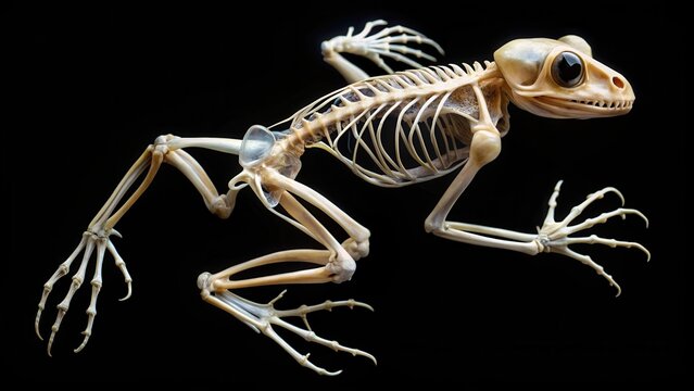 Isolated true rana frog skeleton on black background, amphibians, skeletons,  amphibians, skeletons, scientific illustration