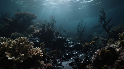 Fototapeta premium Dramatic underwater view of a coral reef choked by oil, with struggling marine life and heavy shadows for impact