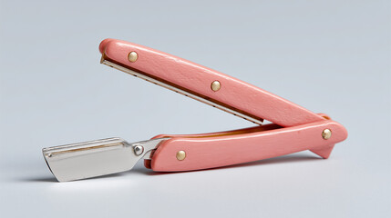 Vintage Razor with Pink Handle Folded on a Clean White Background for Retro Style and Shaving Accessories Photography