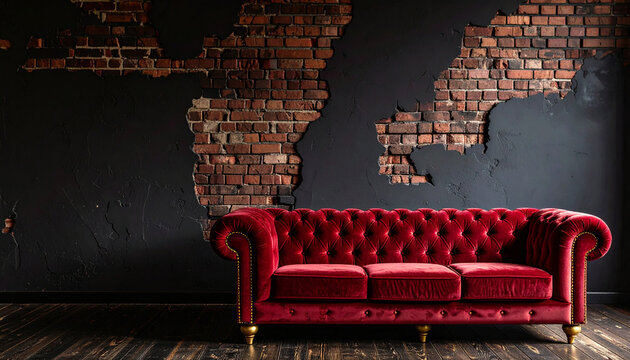 Un elegante y lujoso sof&aacute; de terciopelo rojo frente a una pared de ladrillos oscura perfecto para escenario o plat&oacute; de fotografia con un mapa del mundo sobre la pared