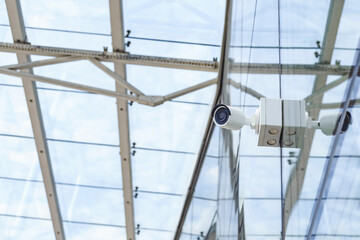 Close-up, CCTV camera on a steel building.