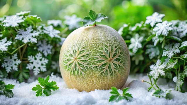 Fresh winter melon with snowflakes on its skin, melons, greenery, melons