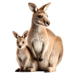 A gentle kangaroo mother protectively sits beside her curious joey, both with soft brown fur, against a clean, bright white background in the studio shot.