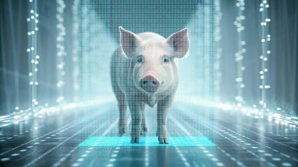 Pigs Genetic Concept , Surreal pig emerges from digital code futuristic environment, showcasing motion and technology innovation.