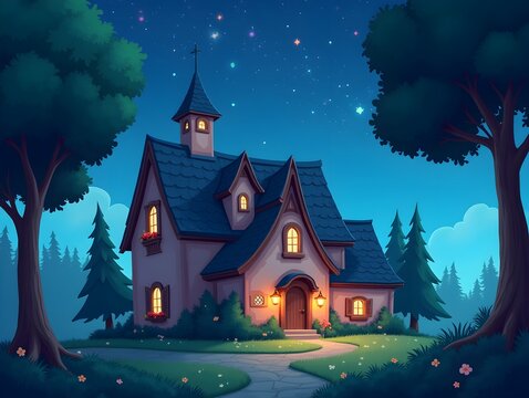 a cartoon building with trees and stars