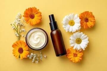 Cream and Serum with Flowers on Yellow Background
