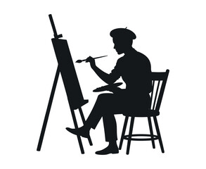 Silhouette of an Artist Painting on an Easel While Seated on a Chair