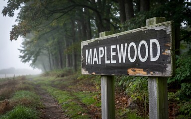 autumn, new england, usa Misty morning sign at Maplewood entrance