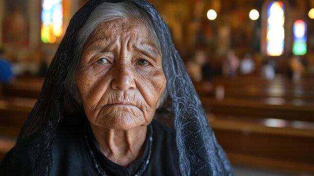 Bolivian blind old lady in church, devoted face, blind milky glazed eyes, detailed veil cover her face, candle light with copy space.