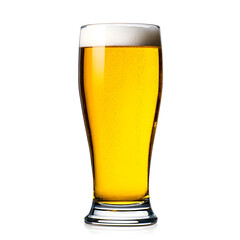 Freshly poured light beer with a frothy white head glistens invitingly in a tall clear glass, set against a clean, bright background in a studio shot.
