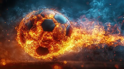 A fiery soccer ball hurtling through the air surrounded by flames and smoke in a dynamic display of power