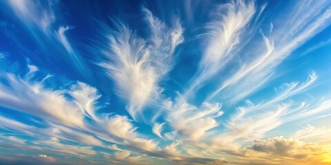 Softly lit pastel blue sky with scattered light clouds and a few wispy strands of cirrus above, creating a serene atmosphere in a natural landscape setting , natural landscape, serene atmosphere