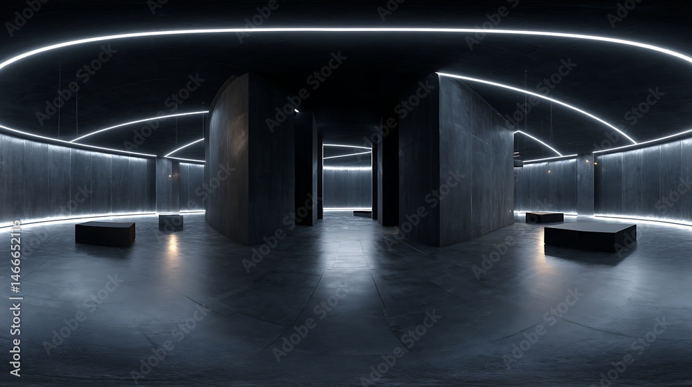 Poster 360 degree full panorama environment of black minimalistic studio environment with bright lights and