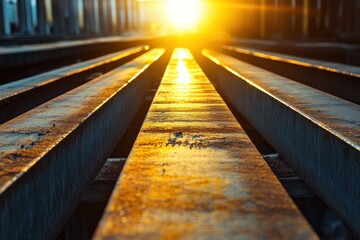 Rusty metal beams extending into a bright sunlight.