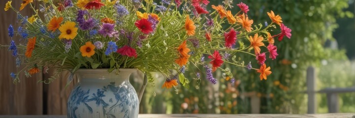 Bright wildflowers overflow vintage vase  Sunny garden blooms  Country charm display ,  arrangement,  floral, wildflowers