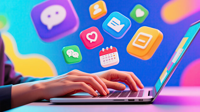 Person using a laptop with various 3d social media icons and calendar application floating above