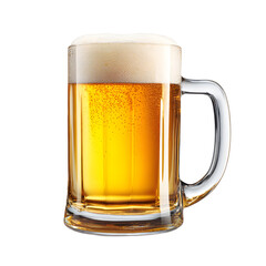 A frosty mug of golden beer sits on a white background, filled with bubbly refreshment and a thick head of foam, tempting the viewer with its cool allure.