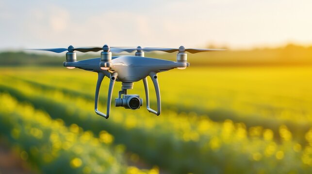 Drone hovering over blooming rapeseed field at sunset: embracing sustainable agriculture - Powered by Adobe