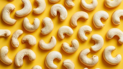 Cashew Nuts, Isolated on Yellow Background, Creamy White Tones, Distinctive Shape, Vibrant