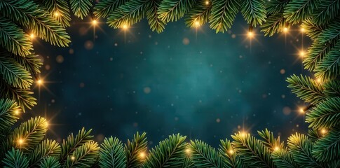 Festive Christmas border of lush conifer branches interwoven with sparkling garland lights , spruce, vintage