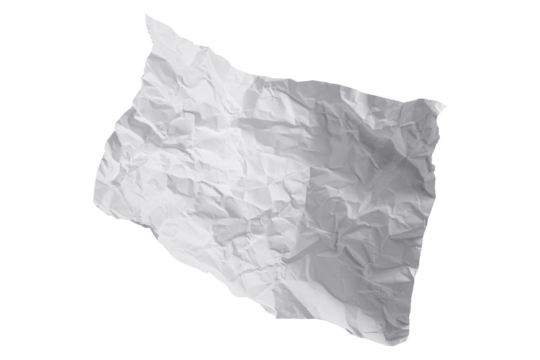 white crumpled paper sheet isolated on transparent png background,Design template or mockup. 