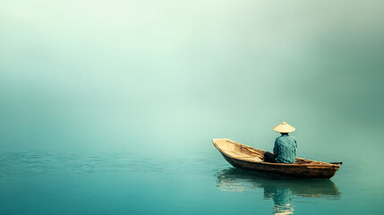 A Chinese fisherman wearing a conical hat, deep in meditation on a traditional boat on calm turquoise water with space for text. The composition reflects harmony and balance, evoking the spirit of Eas