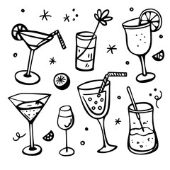 Coquettish merry Christmas set, vector hand drawn New Year doodle illustration, pink ribbon bow. Winter holiday celebration dinner champagne bottle, elegant decoration cocktail glass. Christmas doodle